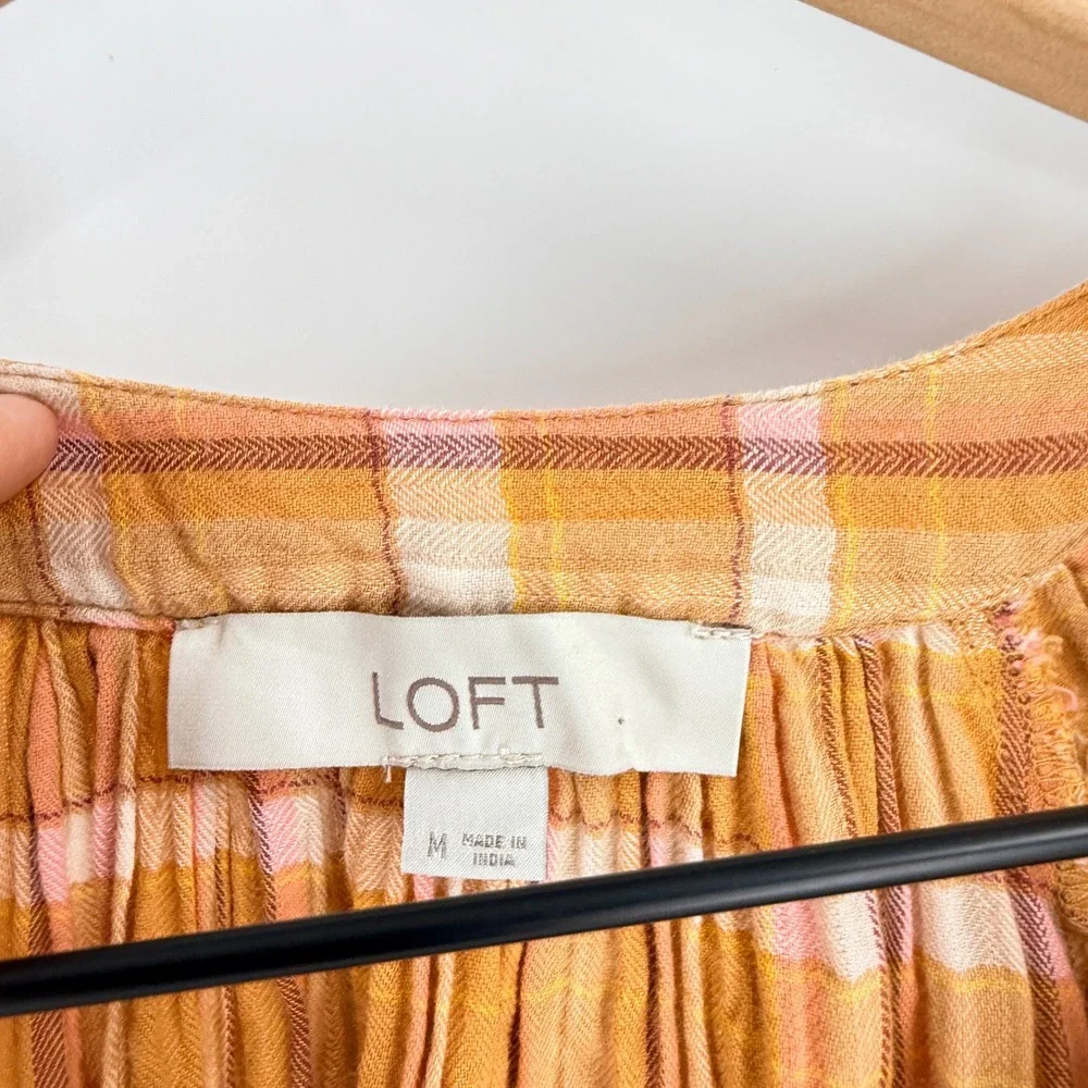 LOFT Plaid Puff Sleeve Blouse Orange Medium Boho Peasant Top Gauze Fall Autumn